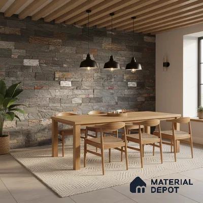 Scandinavian dining room with natural oak dining set, stone cladding accent wall, and wooden slat ceiling in Bengaluru