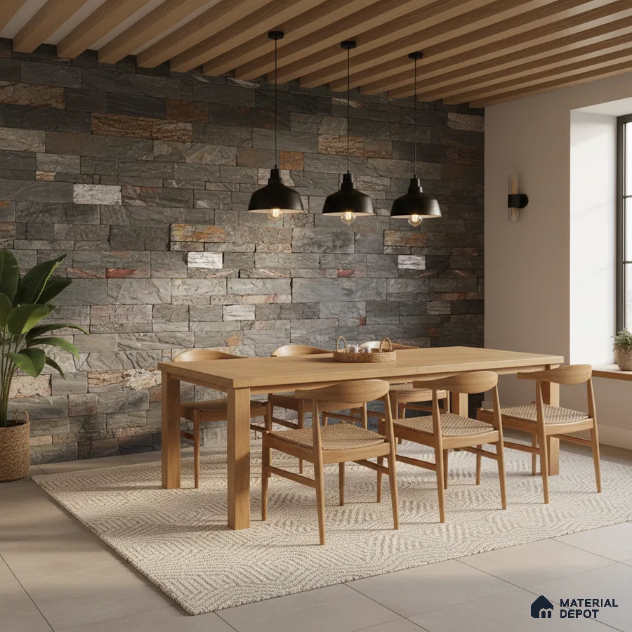 Scandinavian dining room with natural oak dining set, stone cladding accent wall, and wooden slat ceiling in Bengaluru