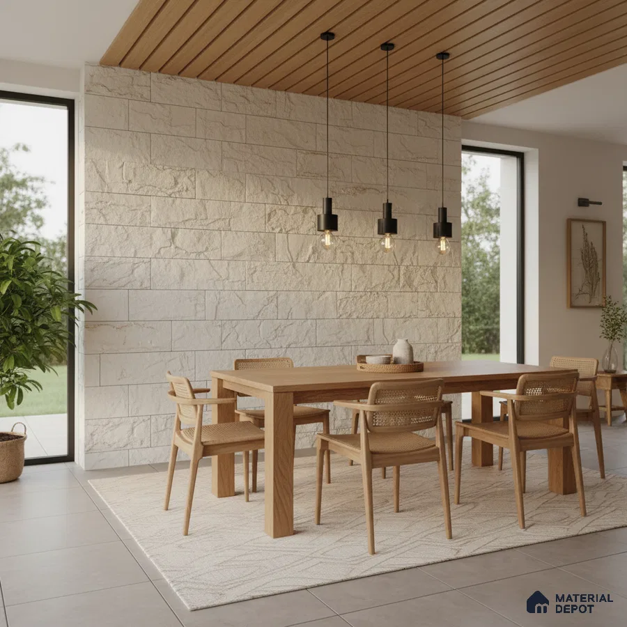Scandinavian dining room with natural oak wood dining set, beige stone cladding wall, and wooden slat ceiling in Bengaluru