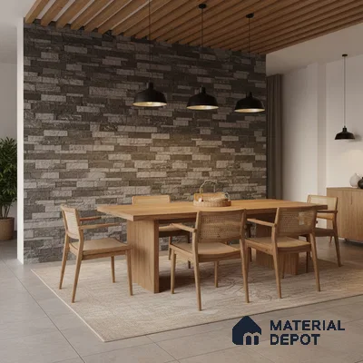 Scandinavian dining room with natural oak wood furniture and grey stone cladding accent wall in Bengaluru