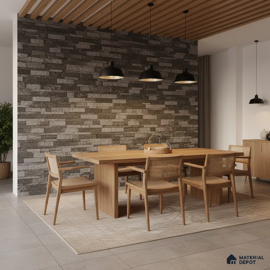 Scandinavian dining room with natural oak wood furniture and grey stone cladding accent wall in Bengaluru
