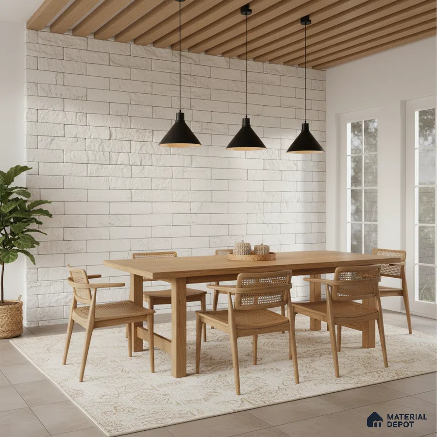 Scandinavian dining room with natural oak wood furniture, white stone cladding wall, and wooden ceiling louvers in Bengaluru