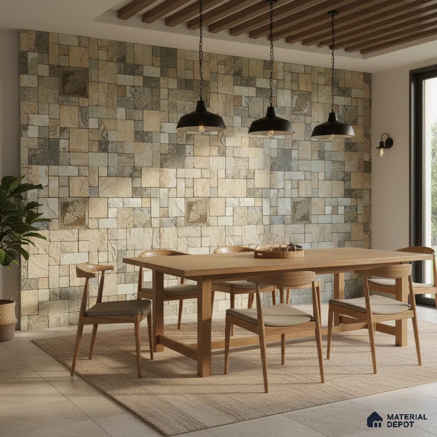 Scandinavian dining room with natural stone cladding accent wall and light oak dining set in Bengaluru