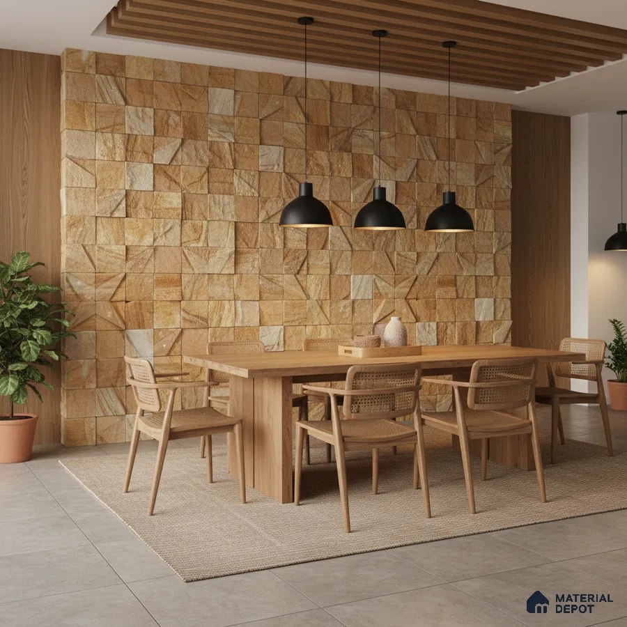 Scandinavian dining room with natural stone cladding accent wall and light oak wood dining set in Bengaluru