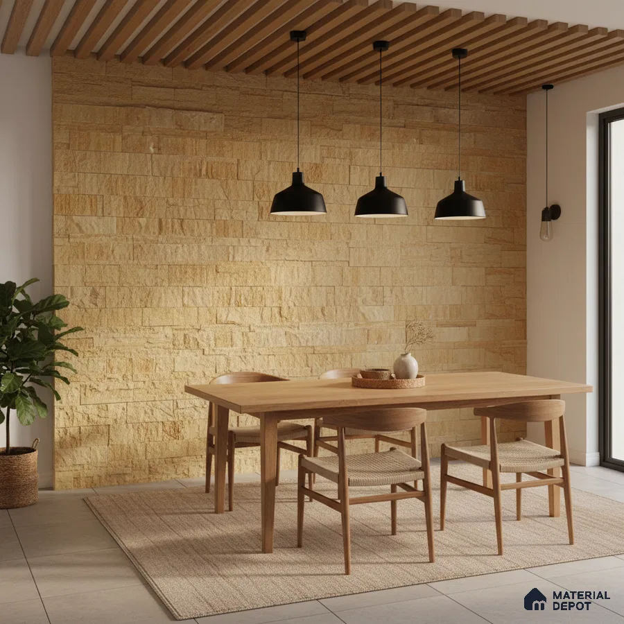 Scandinavian dining room with natural stone cladding and oak wood dining set in Bengaluru