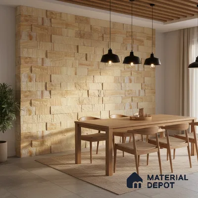 Scandinavian dining room with natural stone cladding wall and light oak wood dining set in Bengaluru