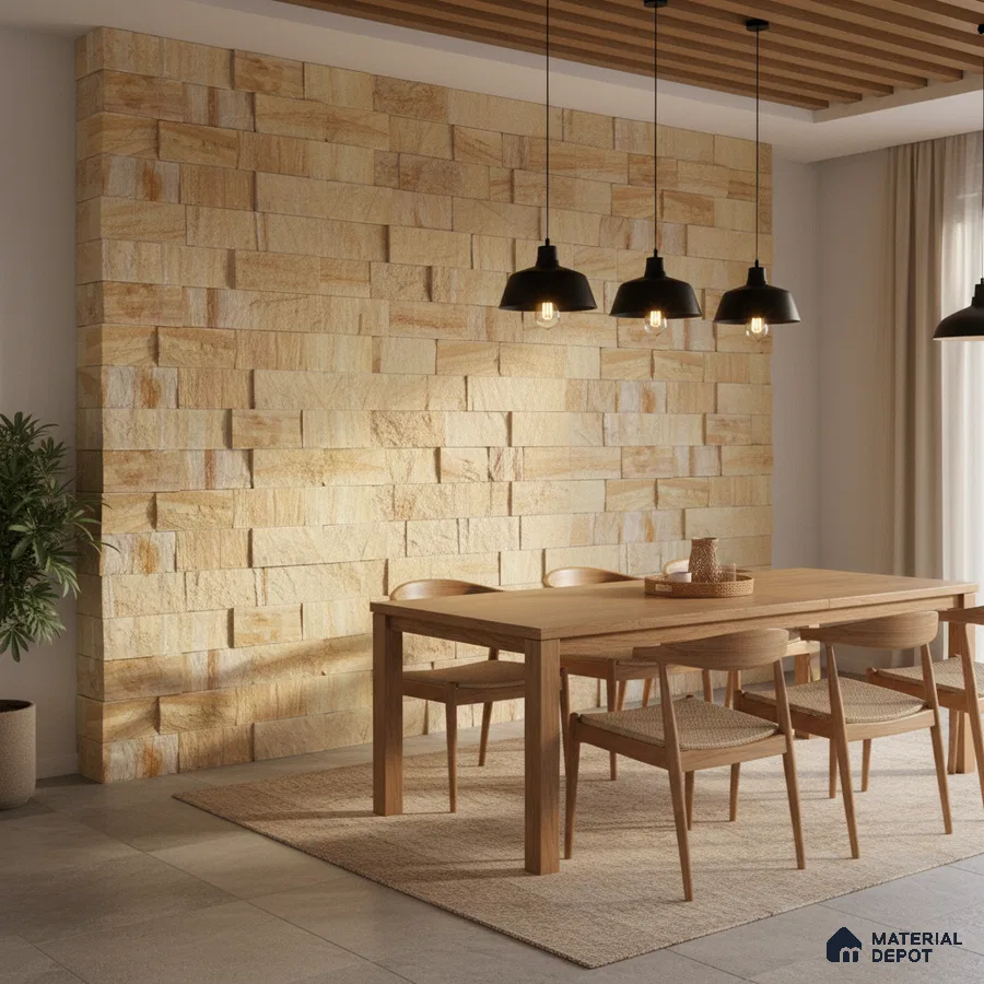 Scandinavian dining room with natural stone cladding wall and light oak wood dining set in Bengaluru