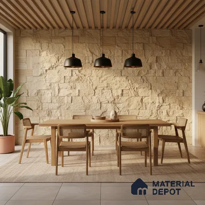 Scandinavian dining room with natural stone cladding wall and light oak wood furniture in Bengaluru