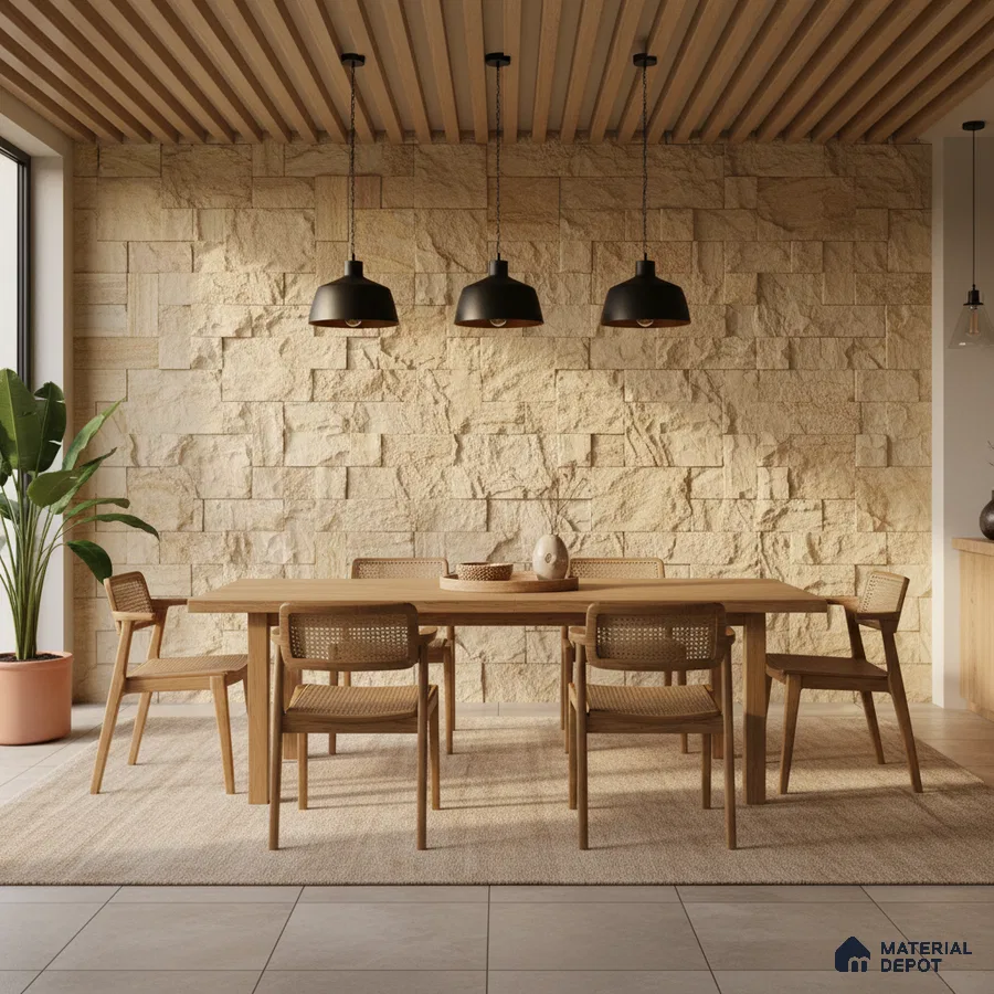 Scandinavian dining room with natural stone cladding wall and light oak wood furniture in Bengaluru