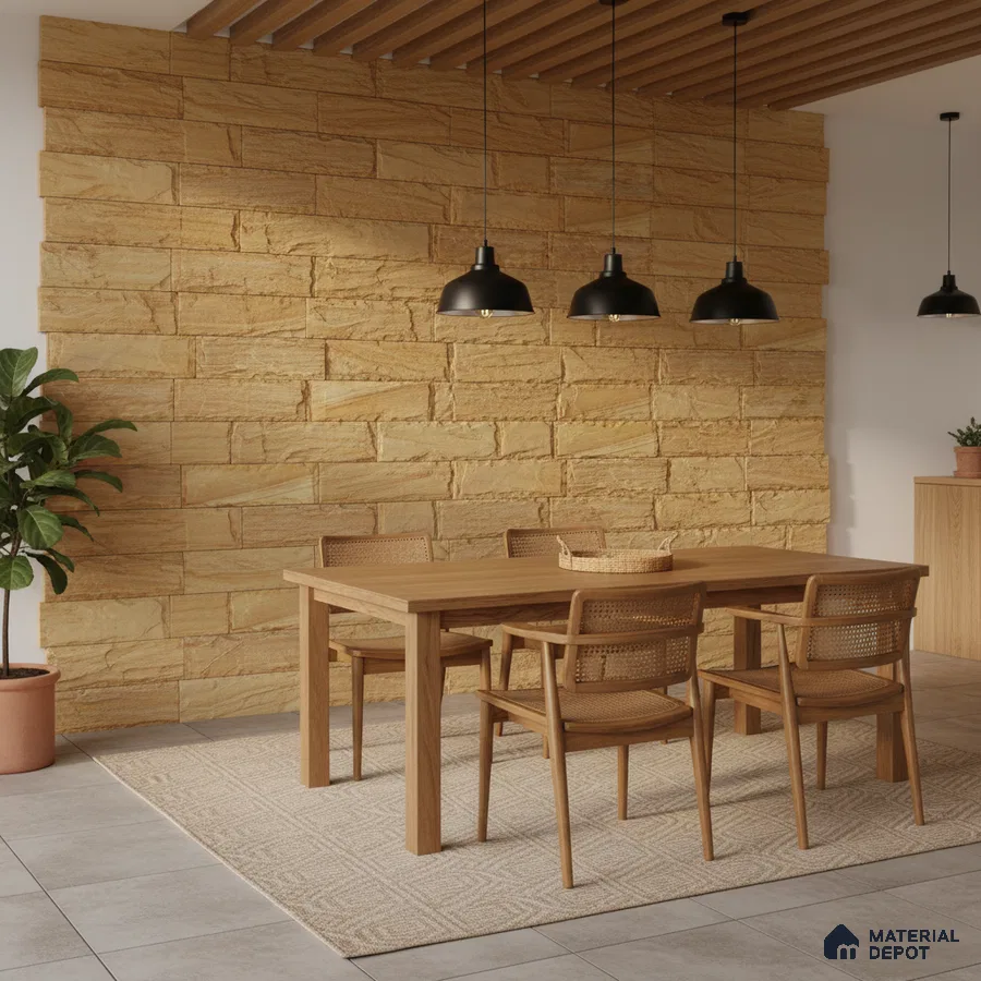 Scandinavian dining room with natural stone cladding wall and oak wood dining set in Bengaluru