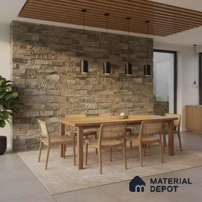 Scandinavian dining room with natural stone cladding wall and oak wood dining set in Bengaluru