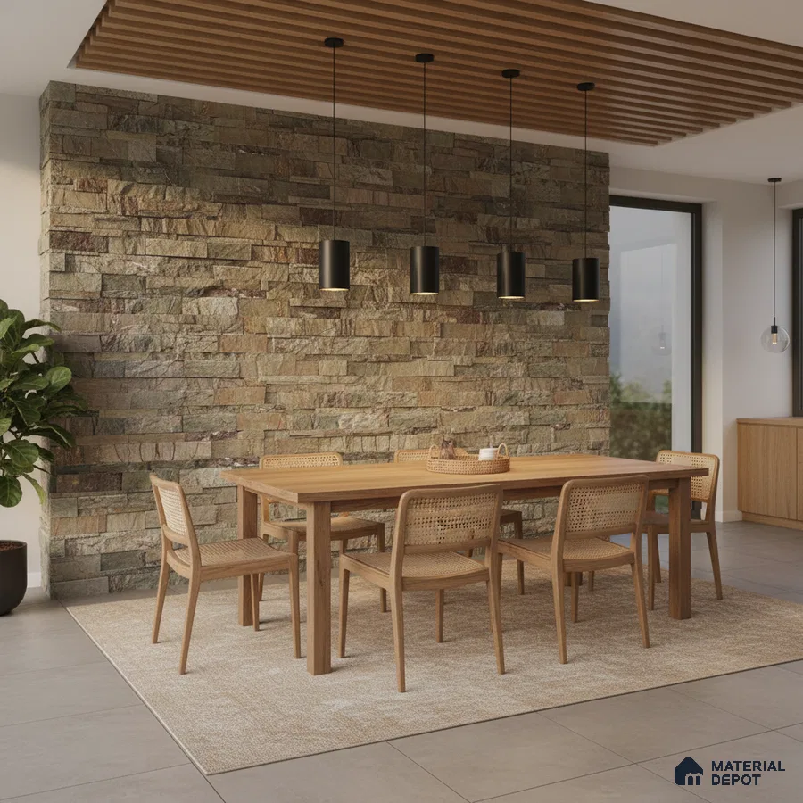 Scandinavian dining room with natural stone cladding wall and oak wood dining set in Bengaluru