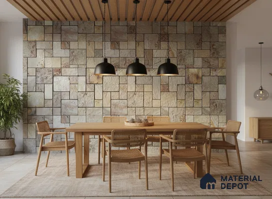 Scandinavian dining room with natural stone cladding wall and oak wood dining set in Bengaluru