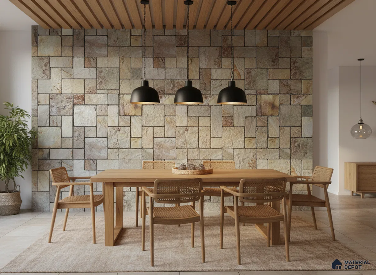 Scandinavian dining room with natural stone cladding wall and oak wood dining set in Bengaluru