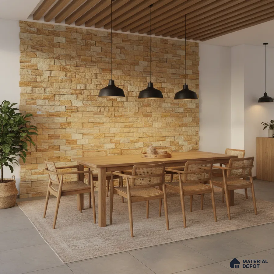 Scandinavian dining room with natural stone cladding wall and oak wood dining set in Bengaluru