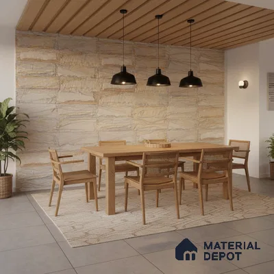 Scandinavian dining room with natural stone cladding wall and oak wood dining set in Bengaluru
