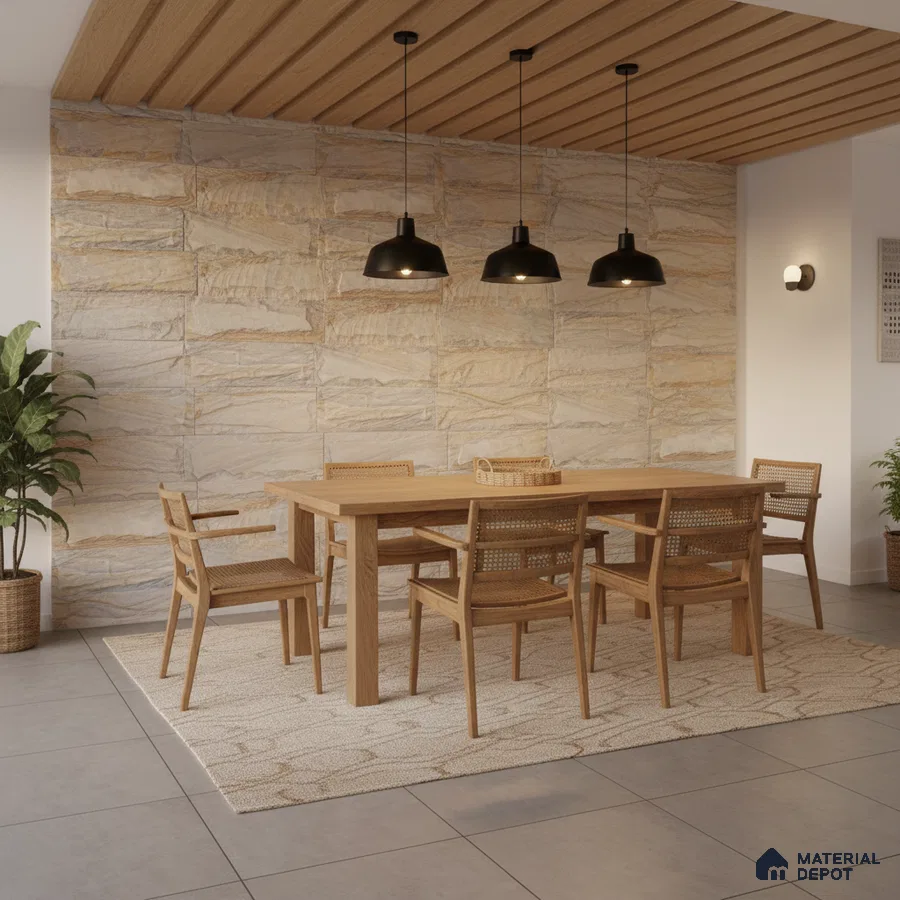 Scandinavian dining room with natural stone cladding wall and oak wood dining set in Bengaluru