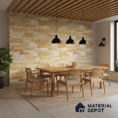 Scandinavian dining room with natural stone cladding wall and oak wood dining set in Bengaluru
