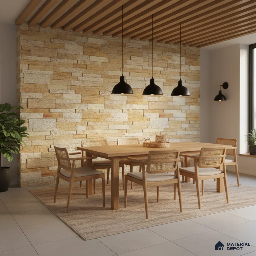 Scandinavian dining room with natural stone cladding wall and oak wood dining set in Bengaluru