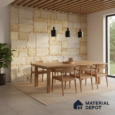 Scandinavian dining room with natural stone cladding wall and oak wood dining set in Bengaluru