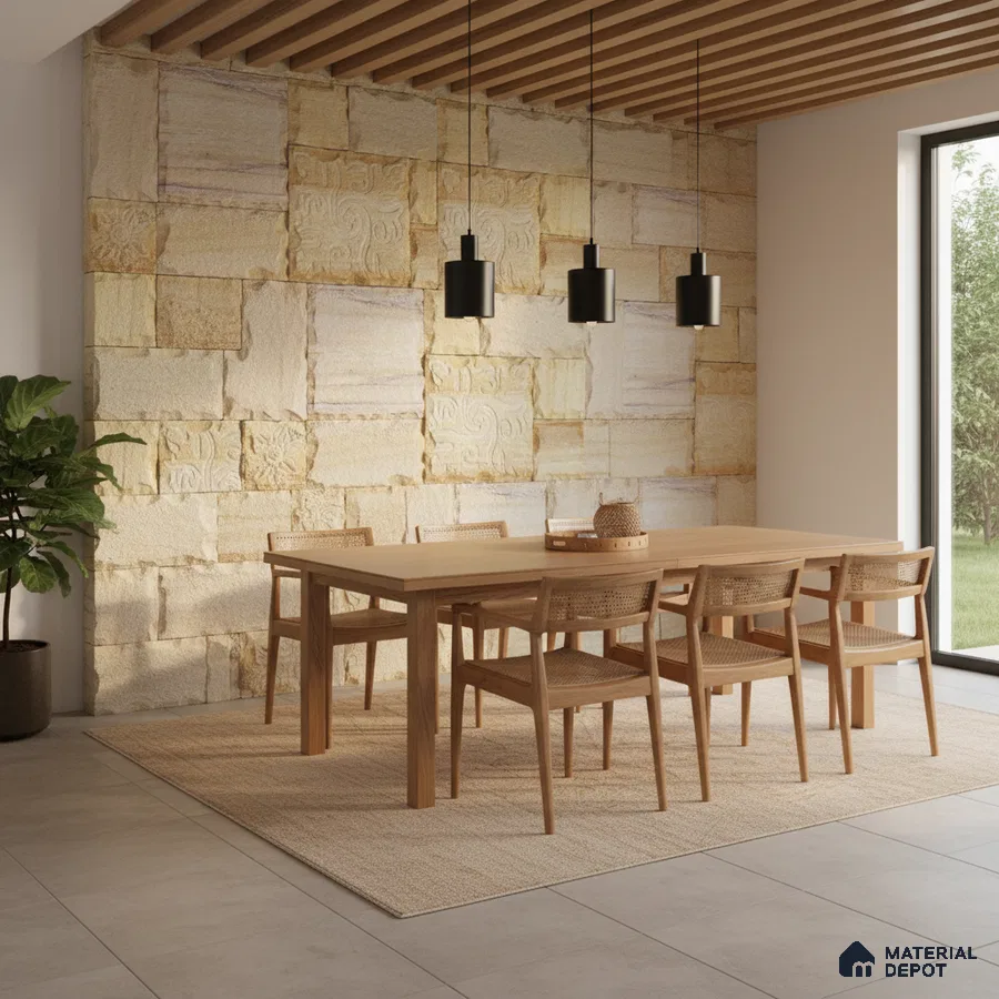 Scandinavian dining room with natural stone cladding wall and oak wood dining set in Bengaluru