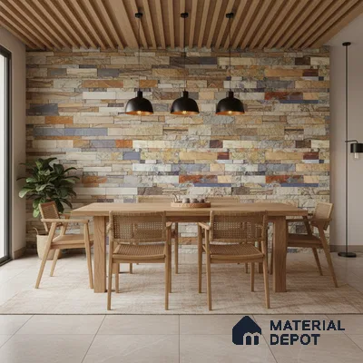Scandinavian dining room with natural stone cladding wall and oak wood dining set in Bengaluru