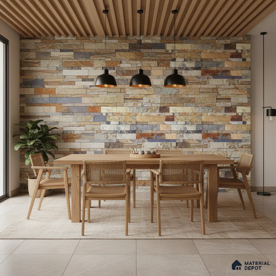 Scandinavian dining room with natural stone cladding wall and oak wood dining set in Bengaluru