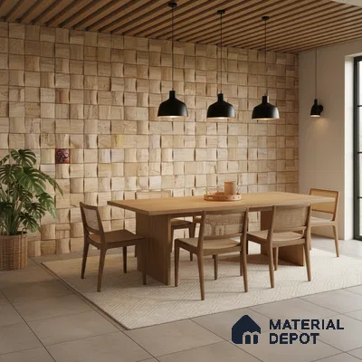 Scandinavian dining room with natural wood cladding, wooden dining set, and beige floor tiles in Bengaluru
