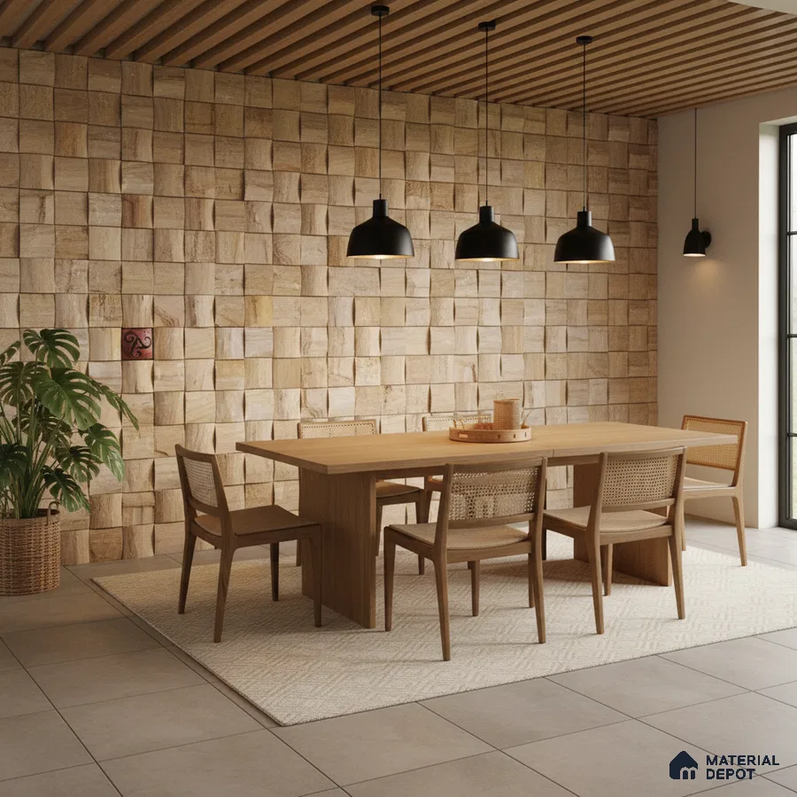 Scandinavian dining room with natural wood cladding, wooden dining set, and beige floor tiles in Bengaluru
