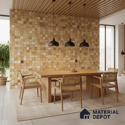 Scandinavian dining room with natural wood dining set and beige stone cladding accent wall in Bengaluru