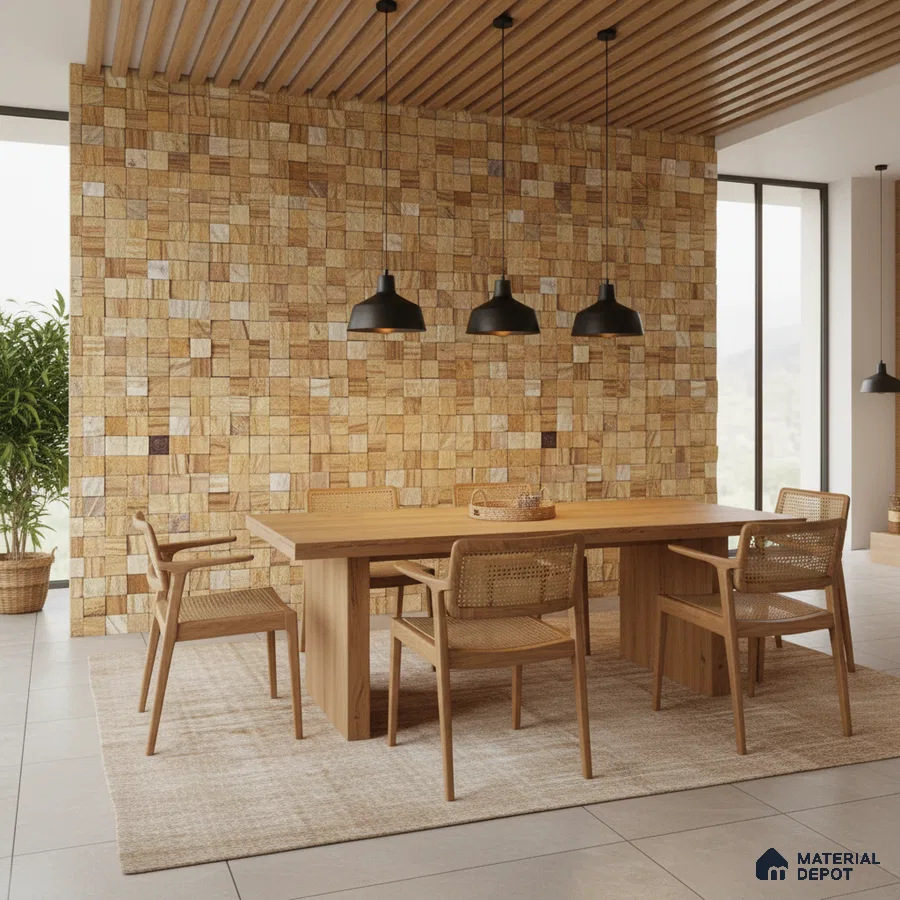 Scandinavian dining room with natural wood dining set and beige stone cladding accent wall in Bengaluru