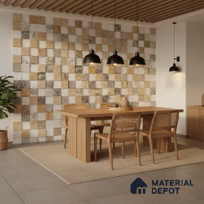 Scandinavian dining room with natural wood dining set and checkered stone wall tiles in Bengaluru
