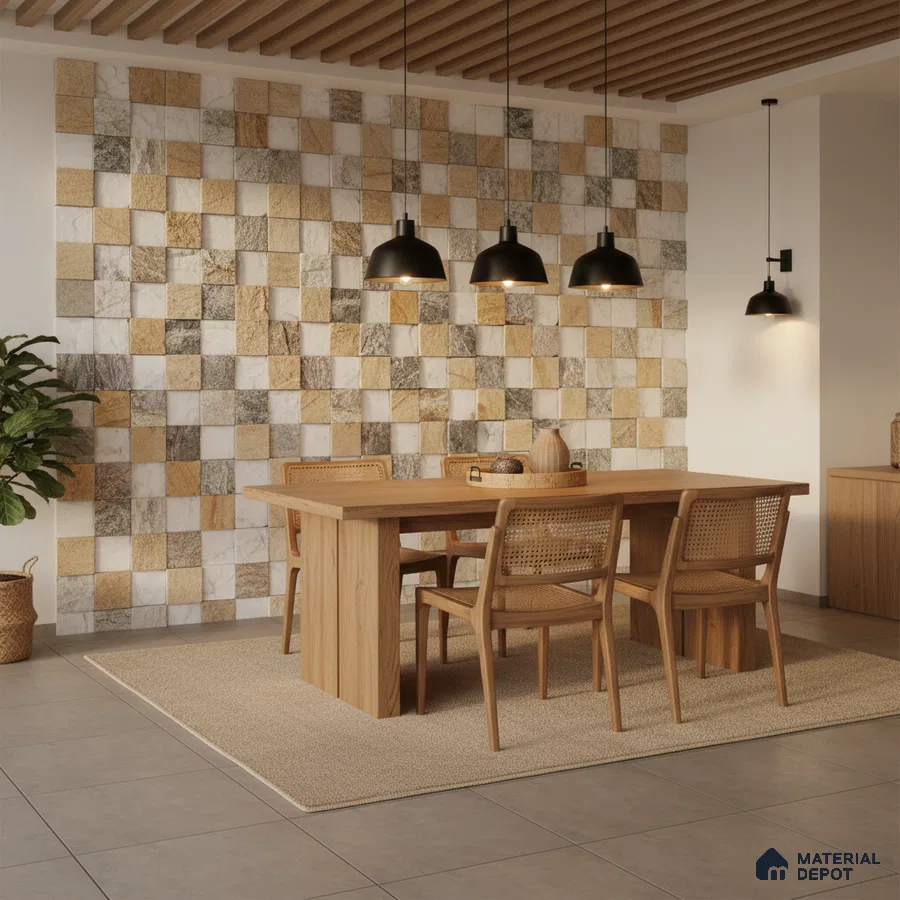 Scandinavian dining room with natural wood dining set and checkered stone wall tiles in Bengaluru