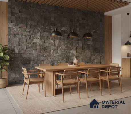 Scandinavian dining room with natural wood dining set and textured stone cladding accent wall in Bengaluru