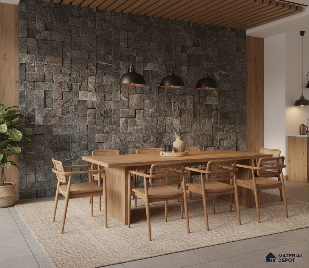 Scandinavian dining room with natural wood dining set and textured stone cladding accent wall in Bengaluru