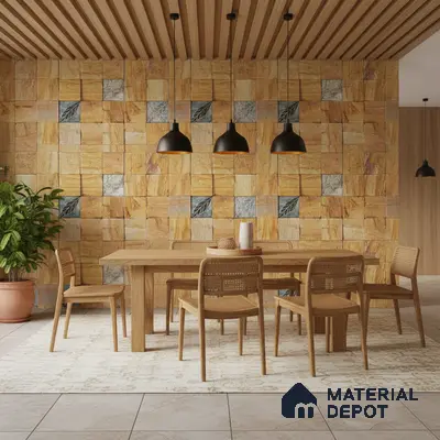 Scandinavian dining room with natural wood dining set and yellow stone accent wall tiles in Bengaluru