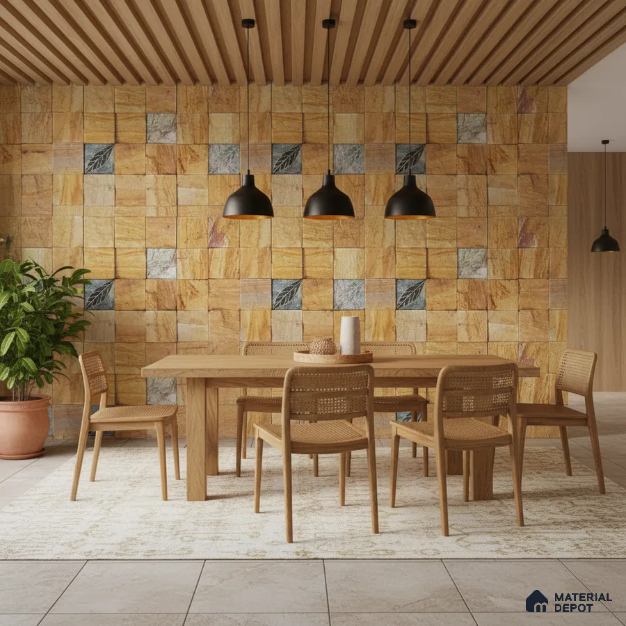 Scandinavian dining room with natural wood dining set and yellow stone accent wall tiles in Bengaluru