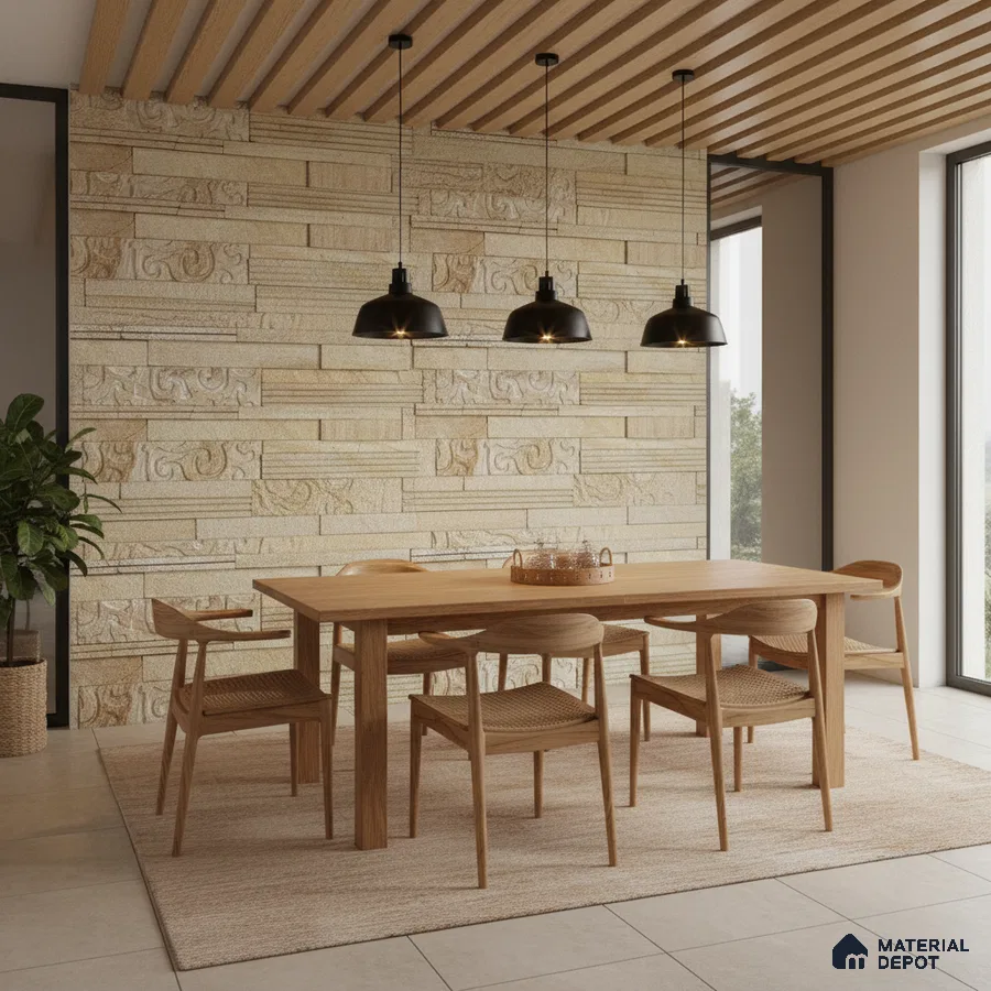 Scandinavian dining room with natural wood dining set, beige stone cladding accent wall, and wooden slat ceiling in Bengaluru