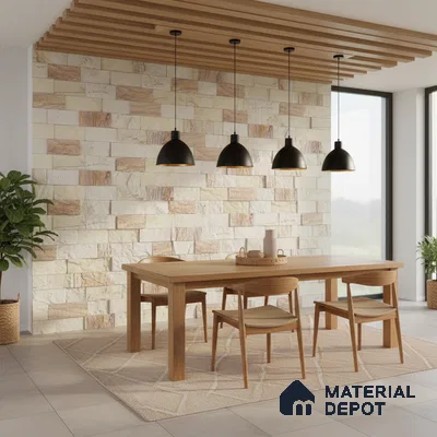 Scandinavian dining room with natural wood dining set, beige stone cladding wall, and wooden ceiling louvers in Bengaluru