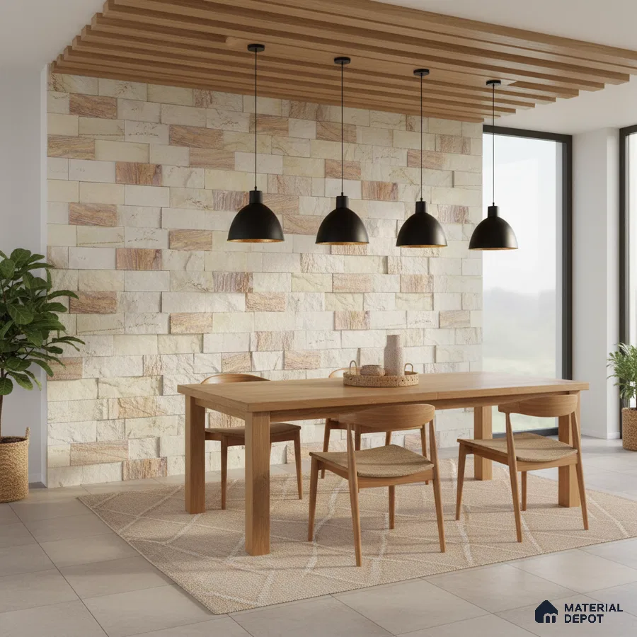 Scandinavian dining room with natural wood dining set, beige stone cladding wall, and wooden ceiling louvers in Bengaluru