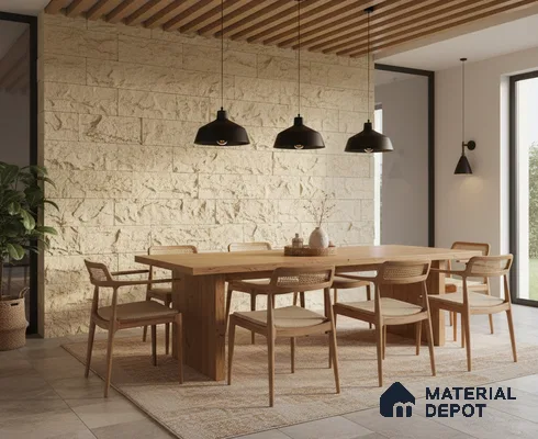Scandinavian dining room with natural wood dining set, beige stone cladding wall, and wooden ceiling louvers in Bengaluru