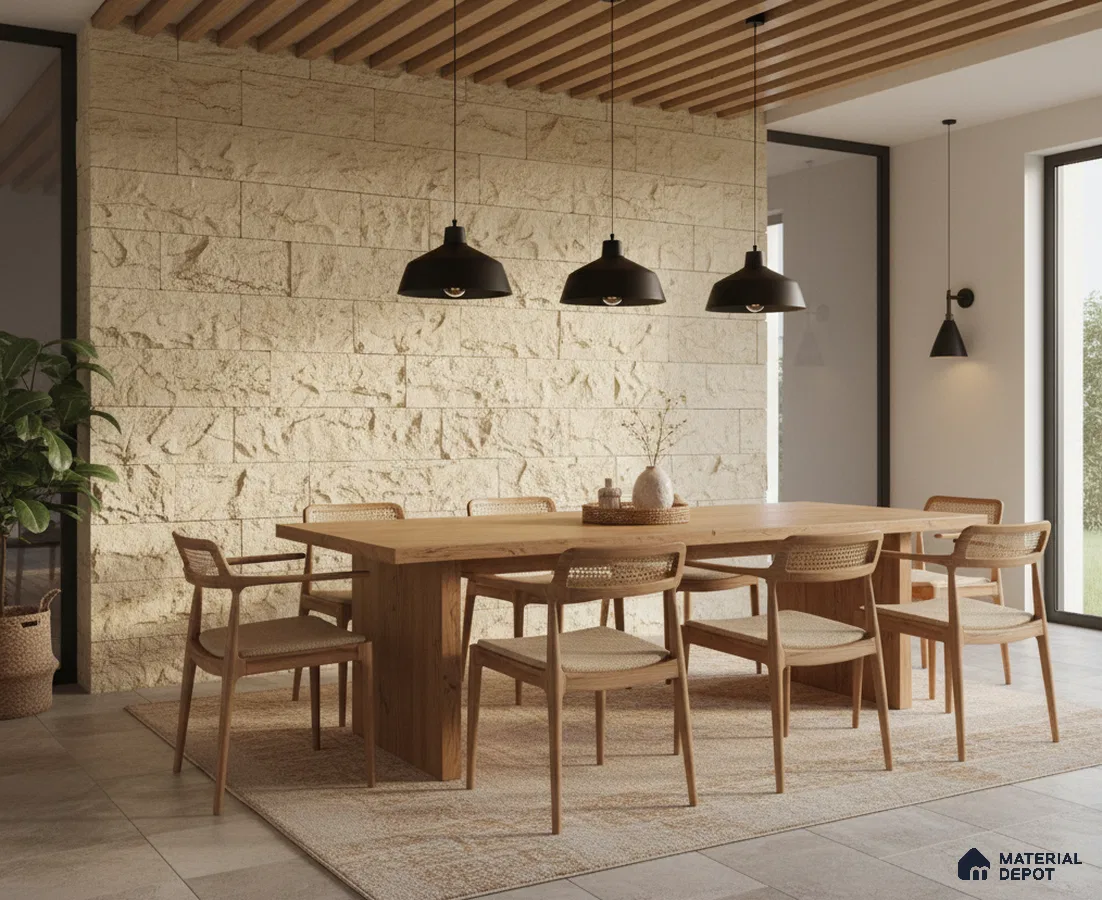Scandinavian dining room with natural wood dining set, beige stone cladding wall, and wooden ceiling louvers in Bengaluru