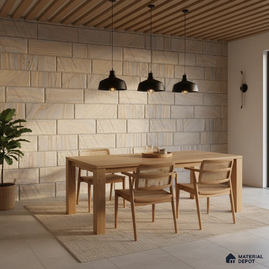 Scandinavian dining room with natural wood dining set, beige stone cladding wall, and wooden slat ceiling in Bengaluru