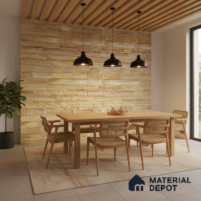 Scandinavian dining room with natural wood dining set, beige stone cladding wall, and wooden slat ceiling in Bengaluru