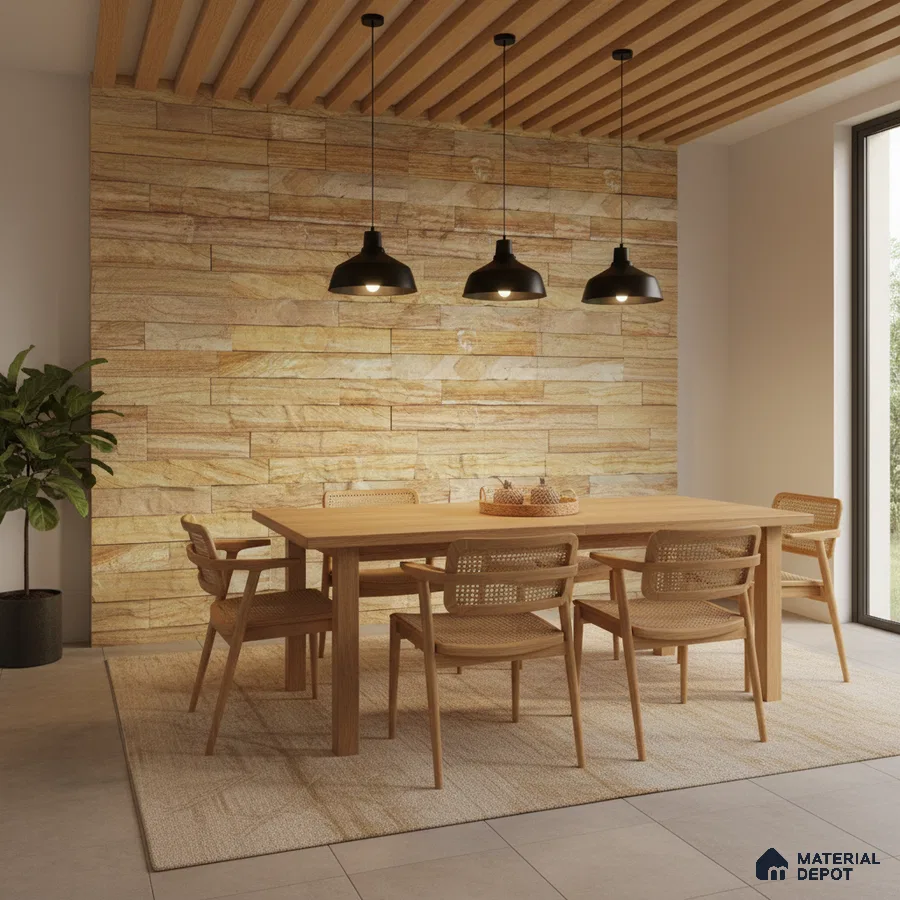 Scandinavian dining room with natural wood dining set, beige stone cladding wall, and wooden slat ceiling in Bengaluru