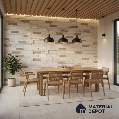 Scandinavian dining room with natural wood dining set, beige stone cladding wall, and wooden slat ceiling in Bengaluru