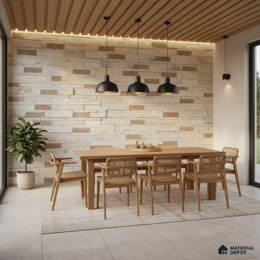 Scandinavian dining room with natural wood dining set, beige stone cladding wall, and wooden slat ceiling in Bengaluru