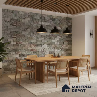 Scandinavian dining room with natural wood dining set, stone cladding accent wall, and wooden ceiling louvers in Bengaluru
