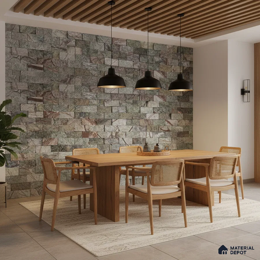 Scandinavian dining room with natural wood dining set, stone cladding accent wall, and wooden ceiling louvers in Bengaluru