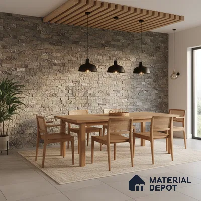 Scandinavian dining room with natural wood dining set, stone cladding accent wall, and wooden ceiling louvers in Bengaluru